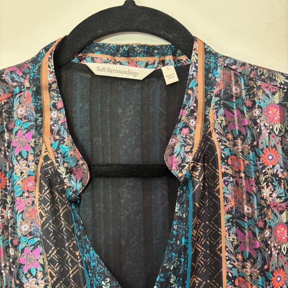 Soft Surroundings Tunic Dress L Striped Black Multi Chiffon Folksy Floral Boho - Picture 4 of 10
